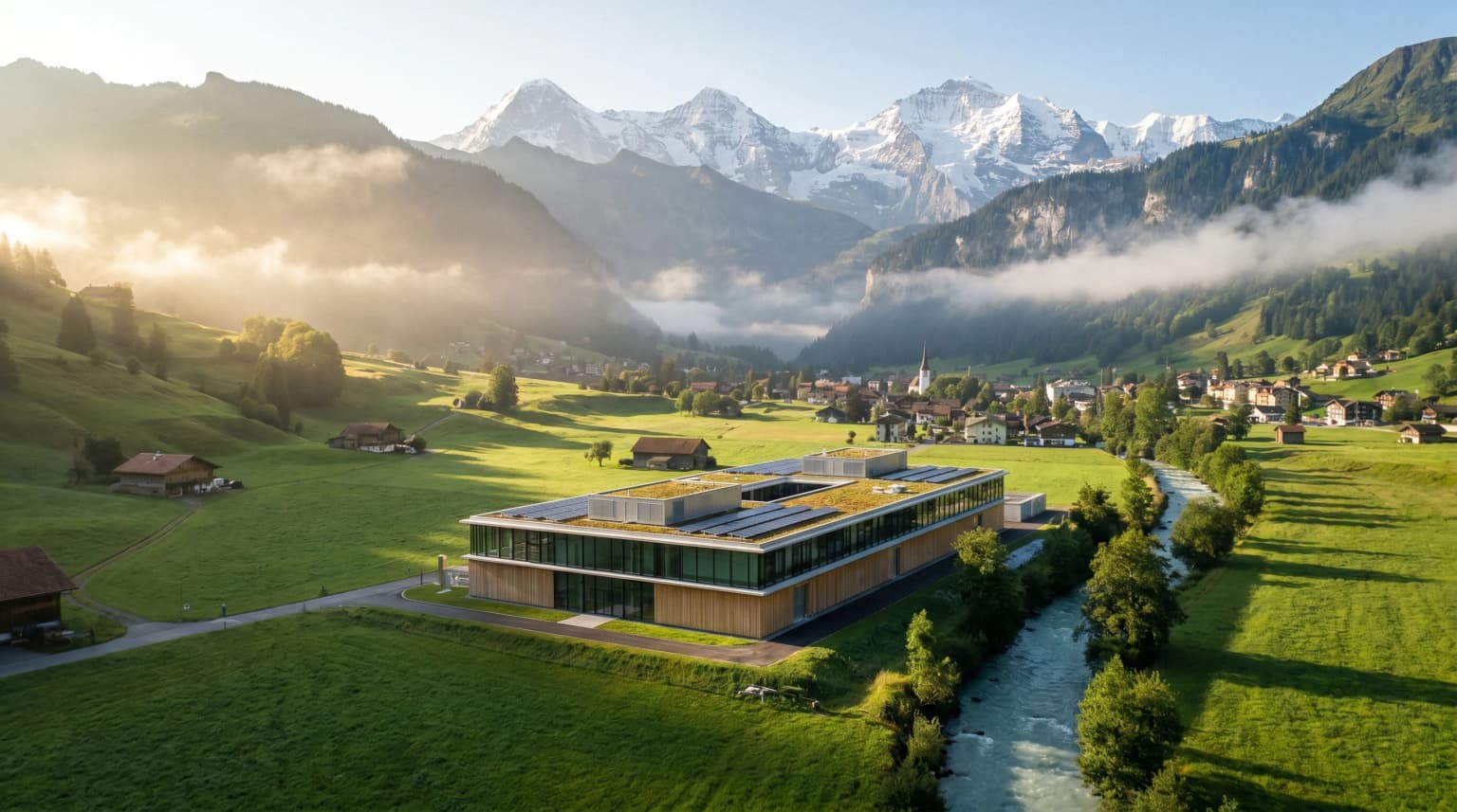 Datacenter moderne hébergé en Suisse dans une vallée alpine, illustrant la conformité nLPD