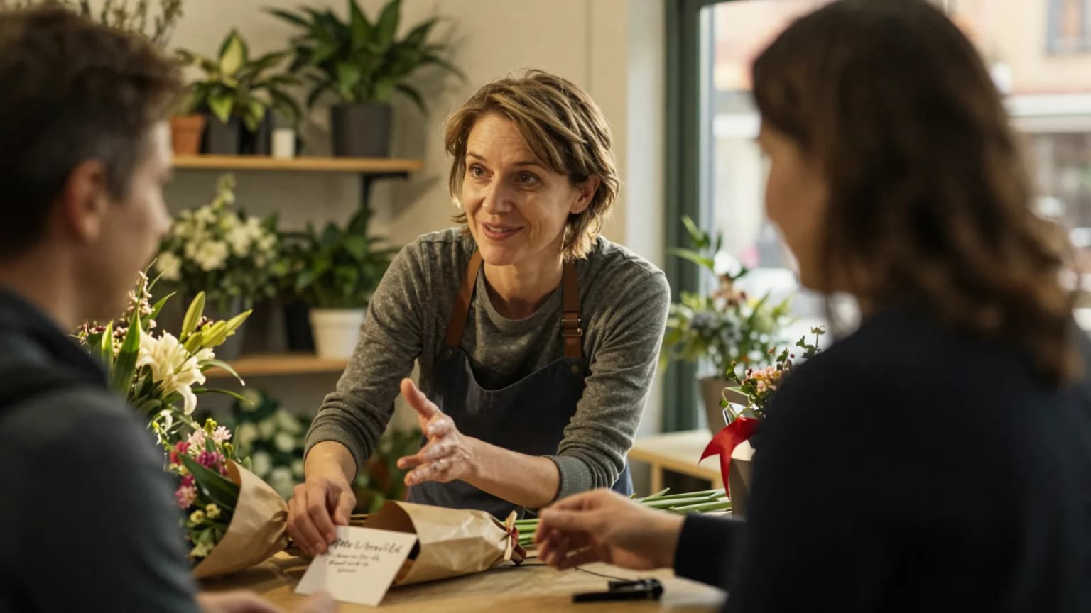Fleuriste d'une boutique indépendante conseillant deux clients à son comptoir